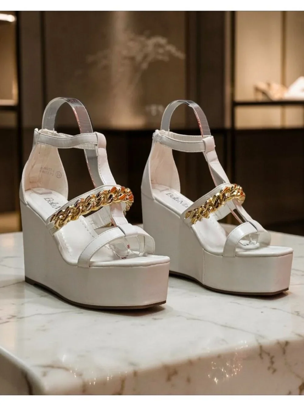White Platform Wedge Sandals With Gold Chain Accent & Clear Straps By Bella Mari